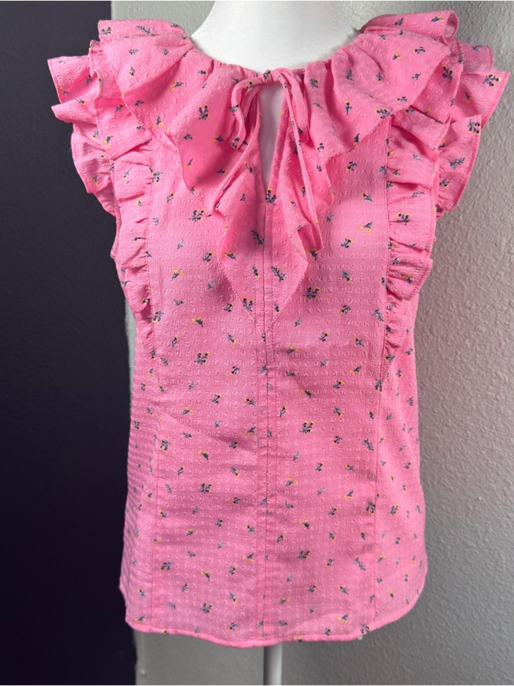 LOFT Pink Ruffle Neck Cap-Sleeve Blouse